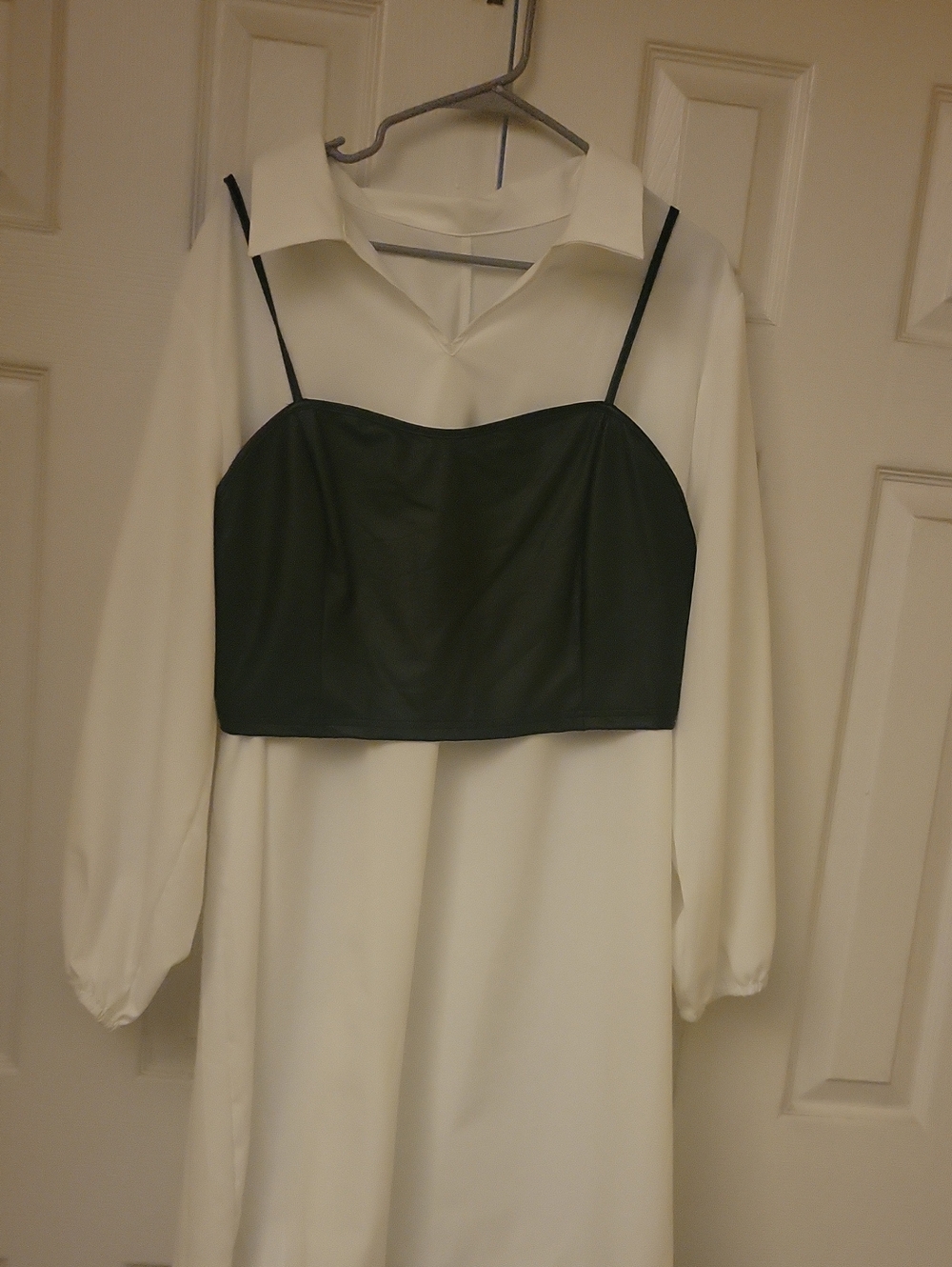 White Long-Sleeve Top with Black Cropped Camisole Overlay